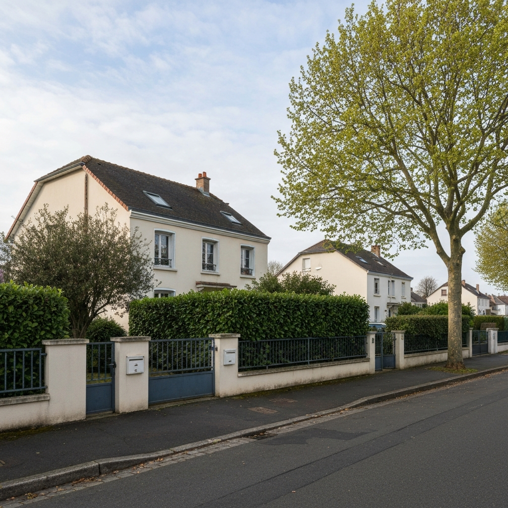 Vue aérienne d'une maison en Île-de-France avec une calculatrice symbolisant une estimation rapide